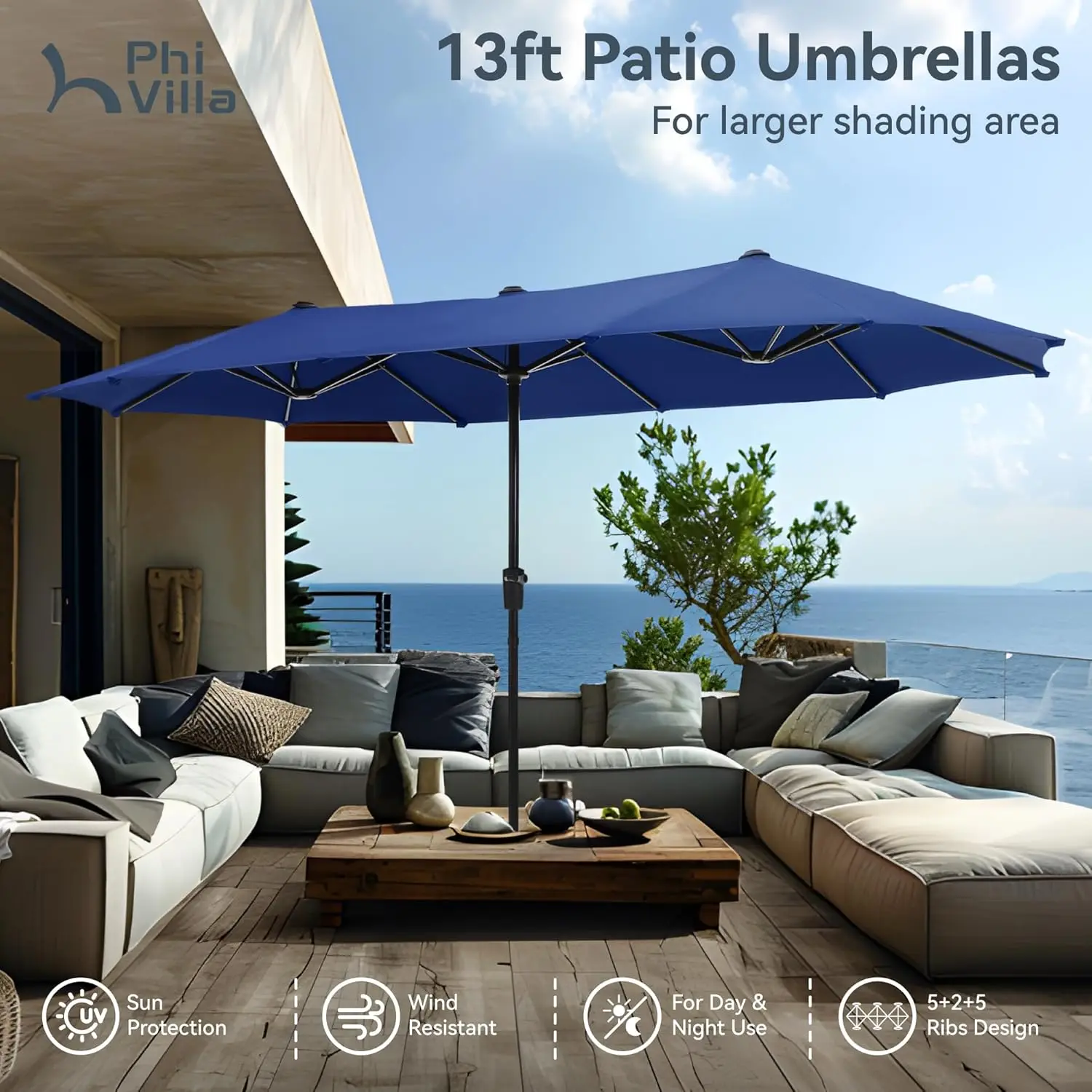 PHI VILLA 13ft Large Patio Umbrellas Double-Sided Outdoor Market Rectangle Umbrella for Outside Haze Blue