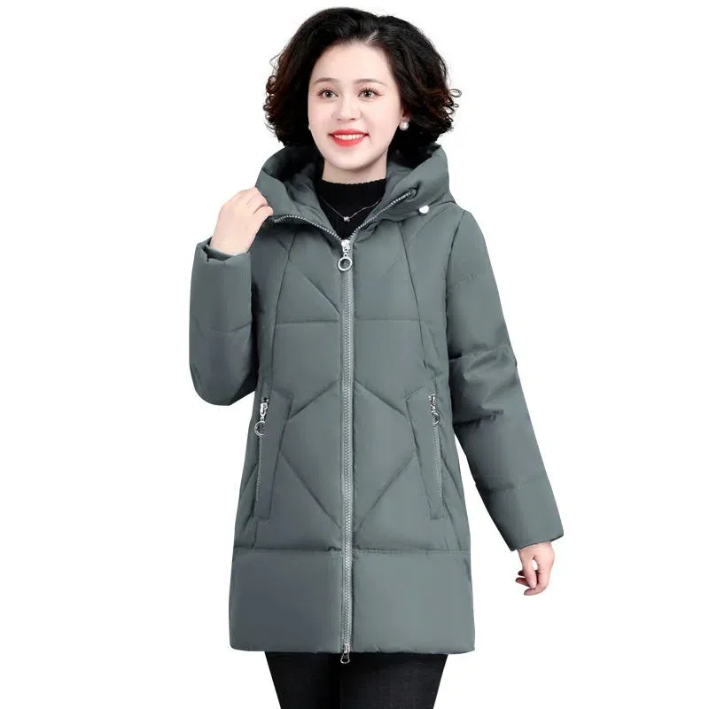 Middle-aged Mother Down Cotton Clothes 2022 New Women Parkas Winter Jacket Mid-Length Solid Color Hooded Padded Coat Thick Parke