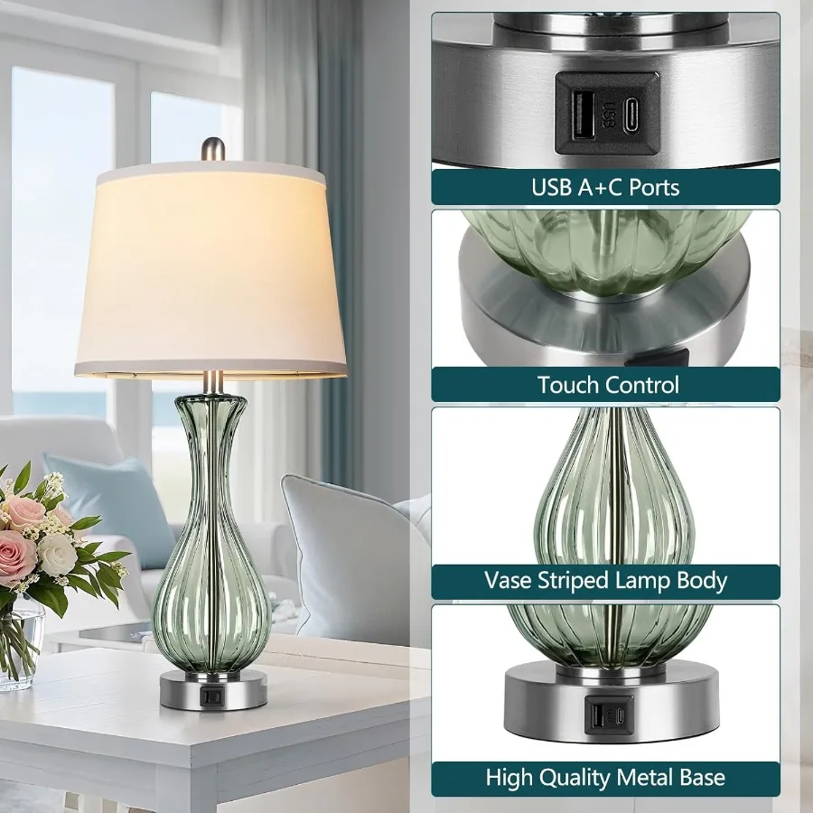 مجموعة مصابيح طاولة زجاجية ساحلية مقاس 27.5 بوصة مكونة من 2 مصباح شاطئ قابل للتعتيم بثلاثة اتجاهات للتحكم باللمس بالكامل مع منفذ USB A + C بجانب السرير البحري الزجاجي L #5