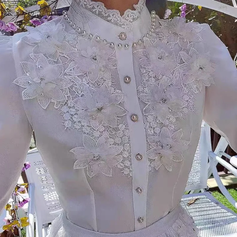 Camisas De Mujer Frauen Perlen Blumen Shirts und Blusen Für Frauen 2025, Herbst Langarm Einreiher Weiß Tops Blusas