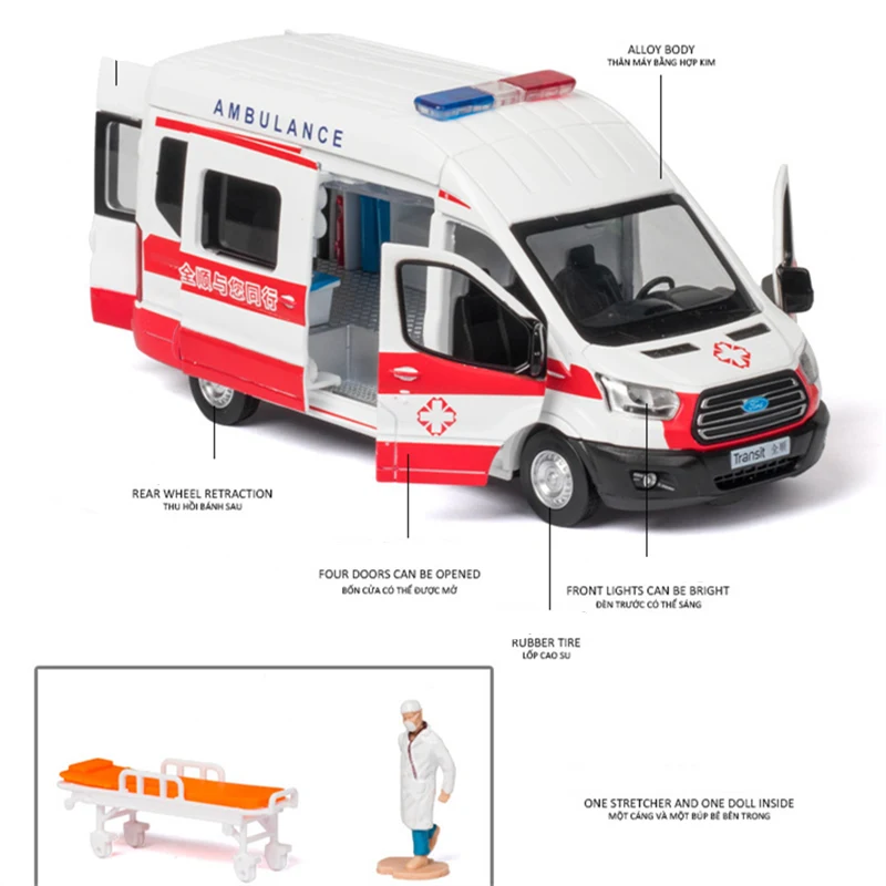 1:34 FORD Transit Alloy Ambulance Vehicles Car Model Diecast Metal Toy Broadcast Car Model Simulation Sound and Light Kids Gifts