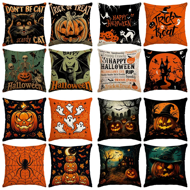 4pcs Retro Black Cat Pumpkin Skeleton Bat Pattern Pillow Cover 18x18 inches Single sided Printed Cushion Cover (No Pillow Core)