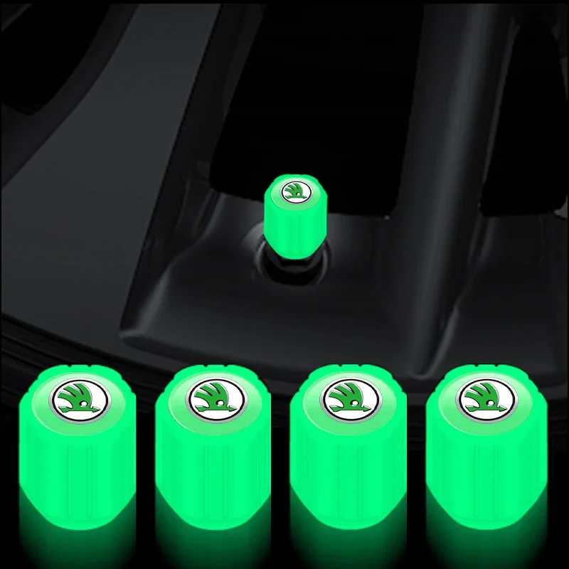 4Pcs Luminous Car Tire Valve Caps Badge Emblem Auto Accessories Car Styling For Skoda Octavia Rapid A5 A7 Fabia Superb Kodiaq