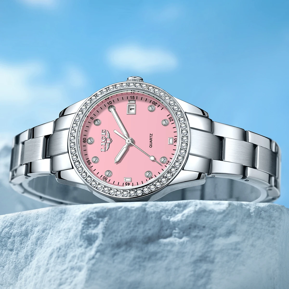 LIGE Creative Pink Dial Diamond Watches for Woman Elegant Women's Bracelet Watch Waterproof Luminous Quartz Ladies Wristwatch