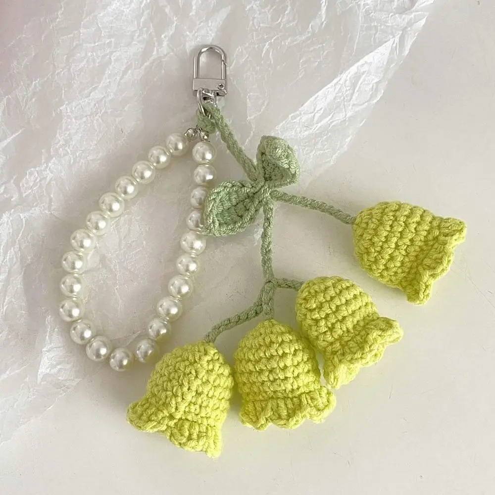 Creative Wool Crocheted Bolling Orchid Key Ring Ins Cute Girl Pearl Chain Key Chain Handmade Knitted Bag Pendant Charm Gift