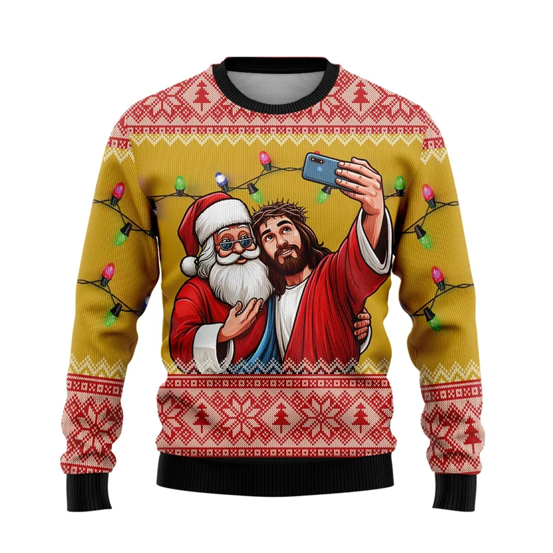 3D Print Jesus Christian Ugly Christmas Sweatshirt For Men Women Casual Crewneck Long Sleeve Pullover Sweatshirts Mens Hoodie