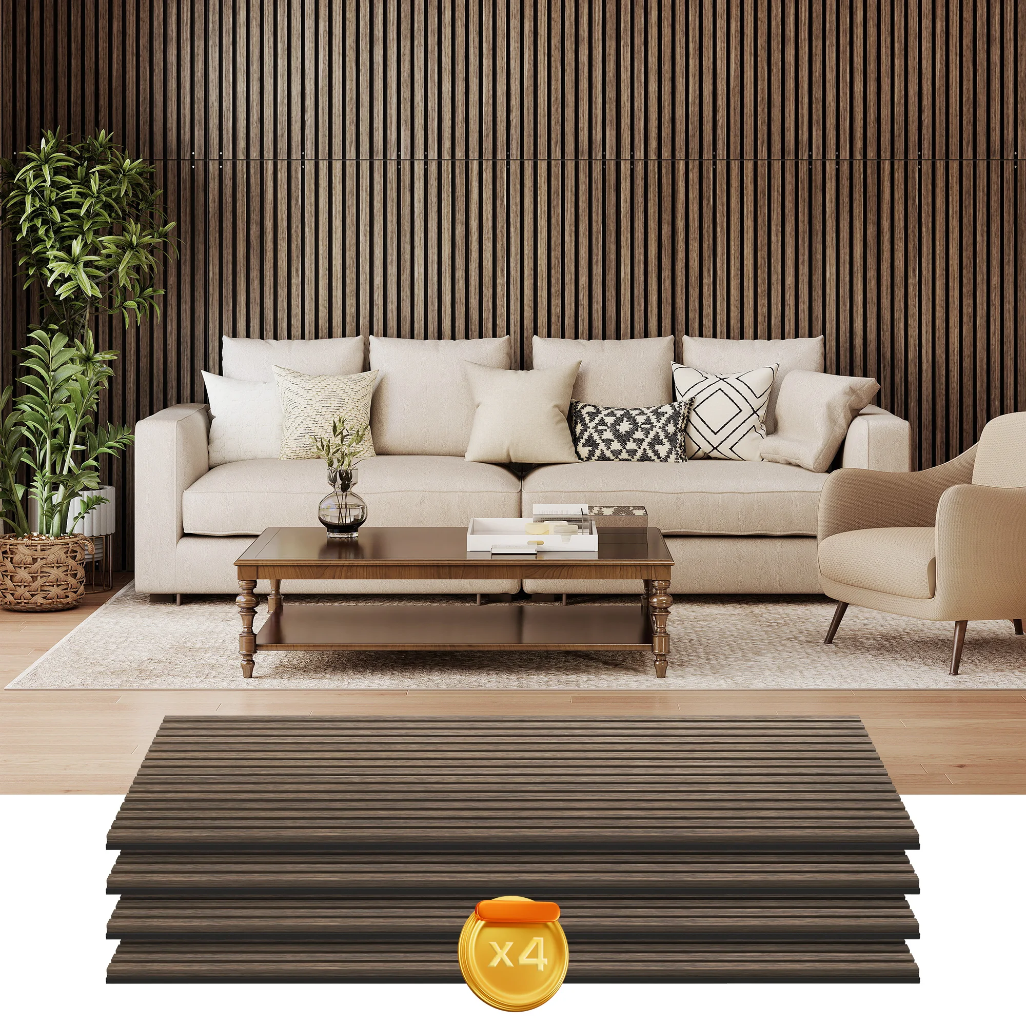 4 Pack 3D Acoustic Panels, 47" x 24" Soundproof Wood Panels for Wall, Wood Slat Wall Paneling for Interior Ceiling, Office, Home Theater, Studio, Walnut