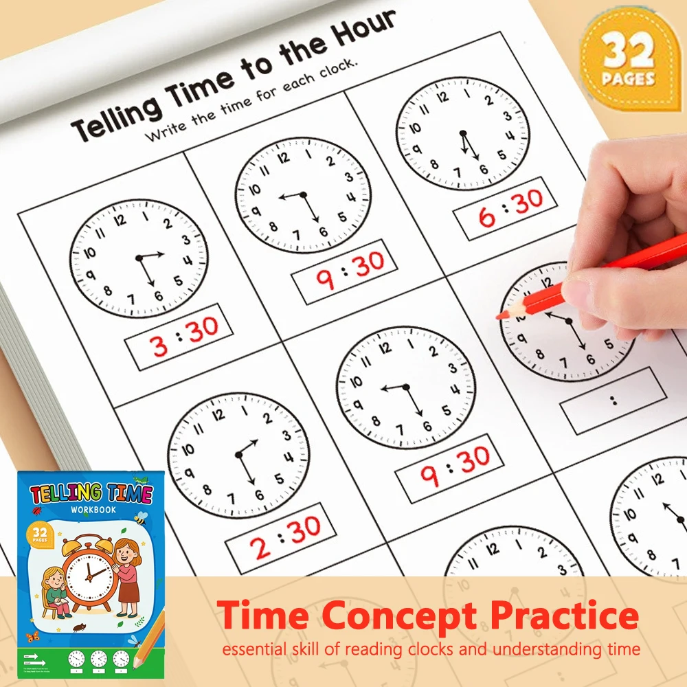 32 Page Telling Time Workbook for Kids Math Learning Activity Book Fun Interactive Clock Reading Practice Book for Homeschooling