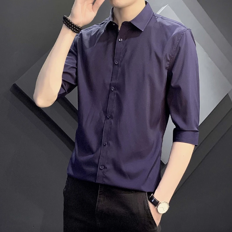 Temperament Office Solid Turn-down Collar Short Sleeve Shirts Button Fashion Business Casual Spring Summer Thin Men\'s Clothing