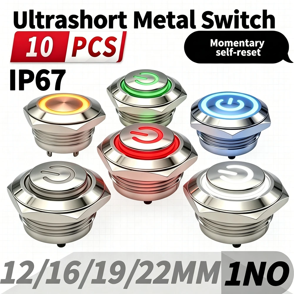 10Pcs 12/16/19/22mm Waterproof Thin Short Stroke Self Reset LED Metal Momentary Indicator Control Panel Push Switch DC3V 12V 24V