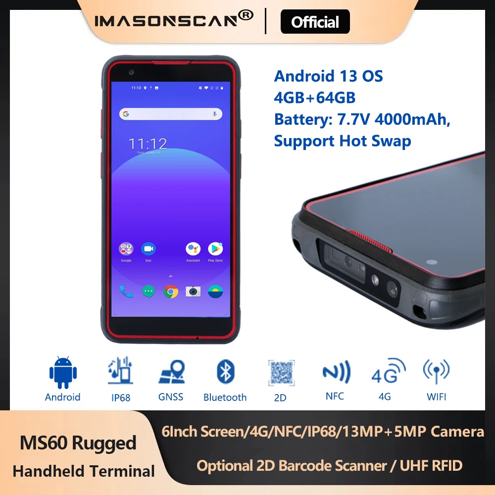 

MS60 Прочный ручной сканер штрих-кода 6-дюймовый прочный сборщик данных Android 13 Сканер QR-кода КПК 4 + 64 ГБ NFC для инвентаря