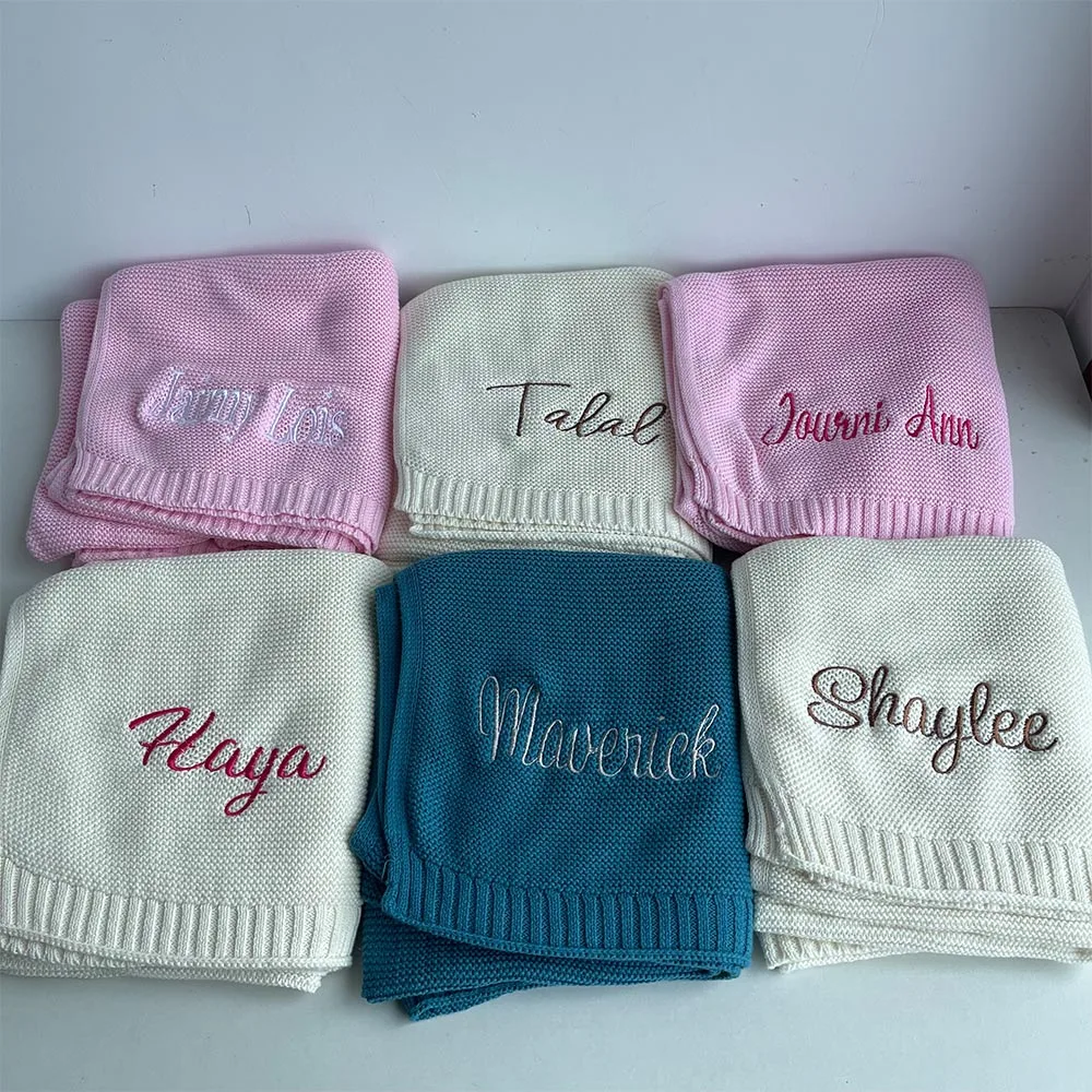 Embroidered Name Stroller Blanket, Personalized Soft Breathable Cotton Knitted Blanket, Newborn Baby Gift, Baby Shower