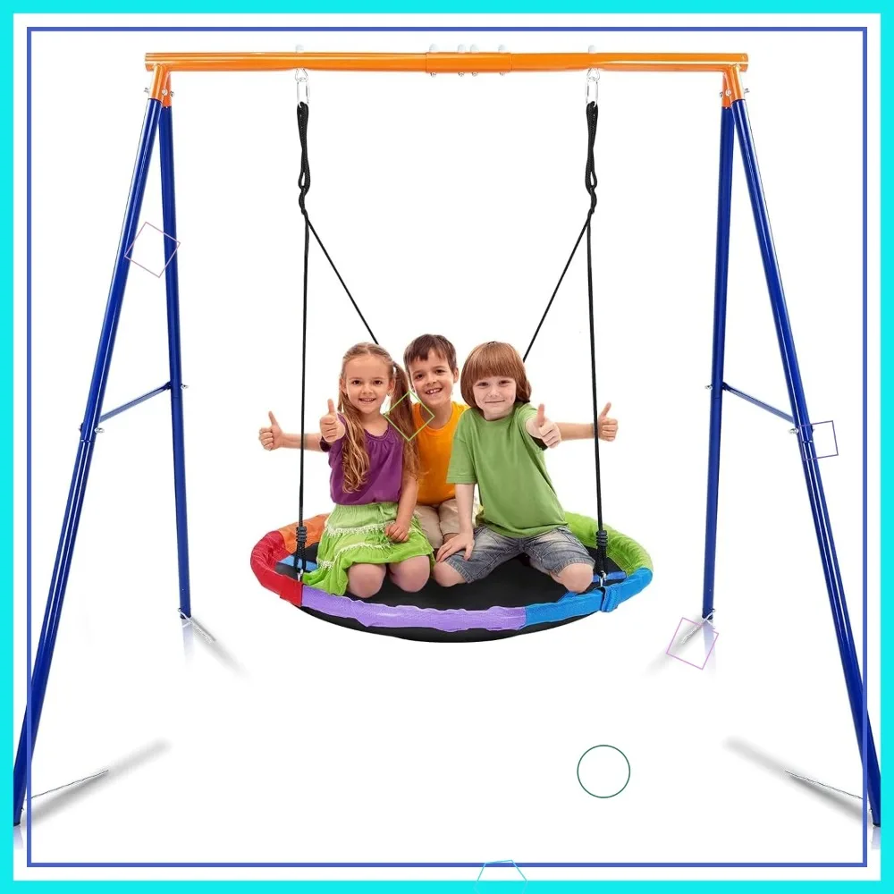 Columpio Tipo Platillo de 45 Pulgadas para Niños, Columpio Ajustable de 440 Libras con Soporte Metálico Resistente en Forma de A para Jardín o Patio Exterior