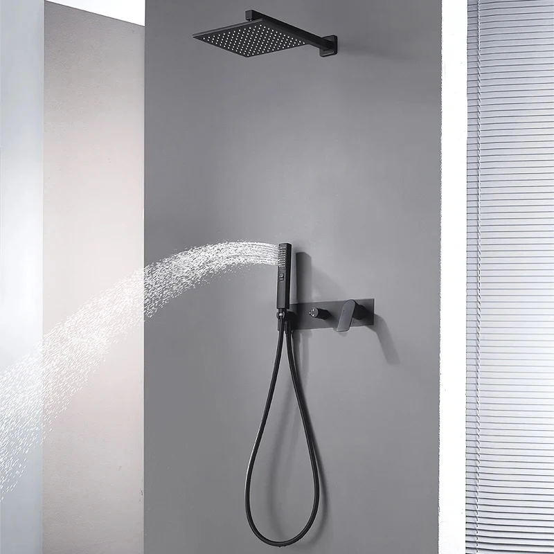 

Matte Black Square Modern Brass Shower Faucet Wall Mount Bathroom Rain Shower Hand Shower Cold and Hot System Bathtub Shower Set