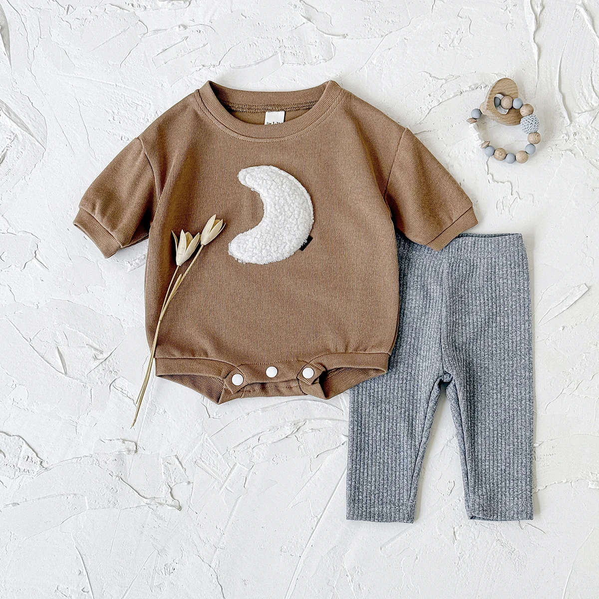 Spring Autumn Korean Style New Baby Boy Girl Clothes Set Moon Patch Long Sleeves Jumpsuit Grey Pants 2Pcs Kid Casual Cute Outfit