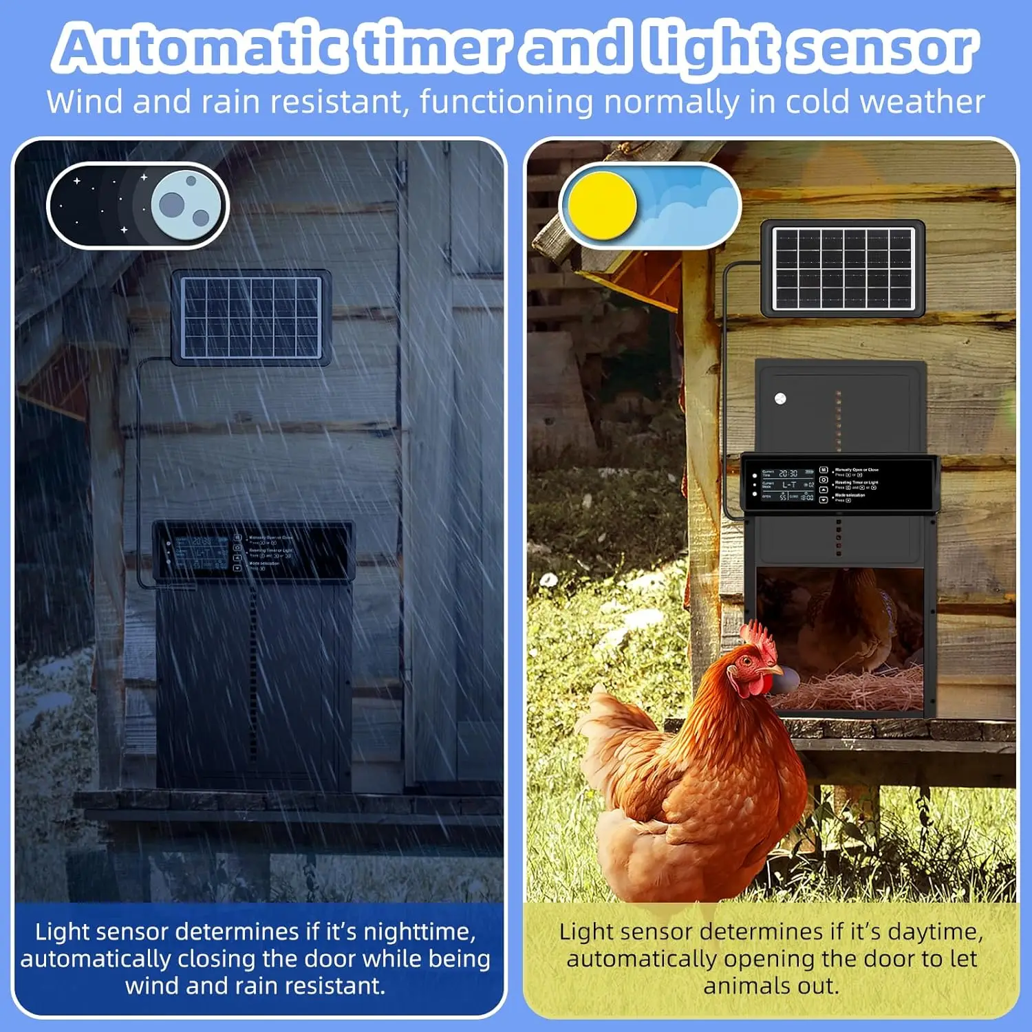Solar powered automatic chicken cage door, capable of solar or USB charging, with timer and light sensing function