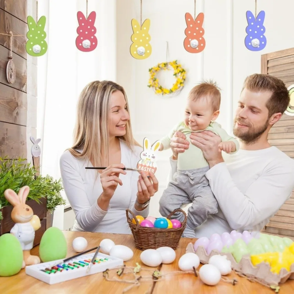 24pcs/set DIY Color Easter Bunny Wood Card Unfinished Rabbit Shape Easter Rabbit Craft Decorative Pendant