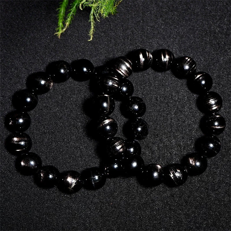 Genuine Natural Hypersthene Black Flash Egypt Women Men Bracelet Gold Lucky Hypersthene Round Beads 8mm 10mm 12mm AAAAA