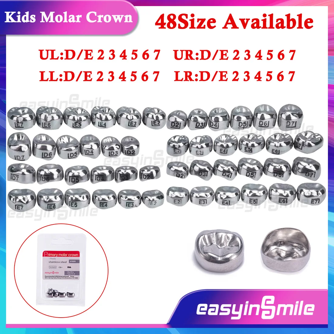 

EASYINSMILE 5Pc/Pack Dental Kids Preformed Crown UL-UR-LL-LR Stainless Steel Primary Temporary Molar Pediatric Full Size