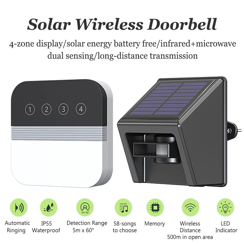 Solar Driveway Alarm Infrared Detection Wireless Doorbell 4-Way Induction Area Display Outdoor Alarm Systems Security Home