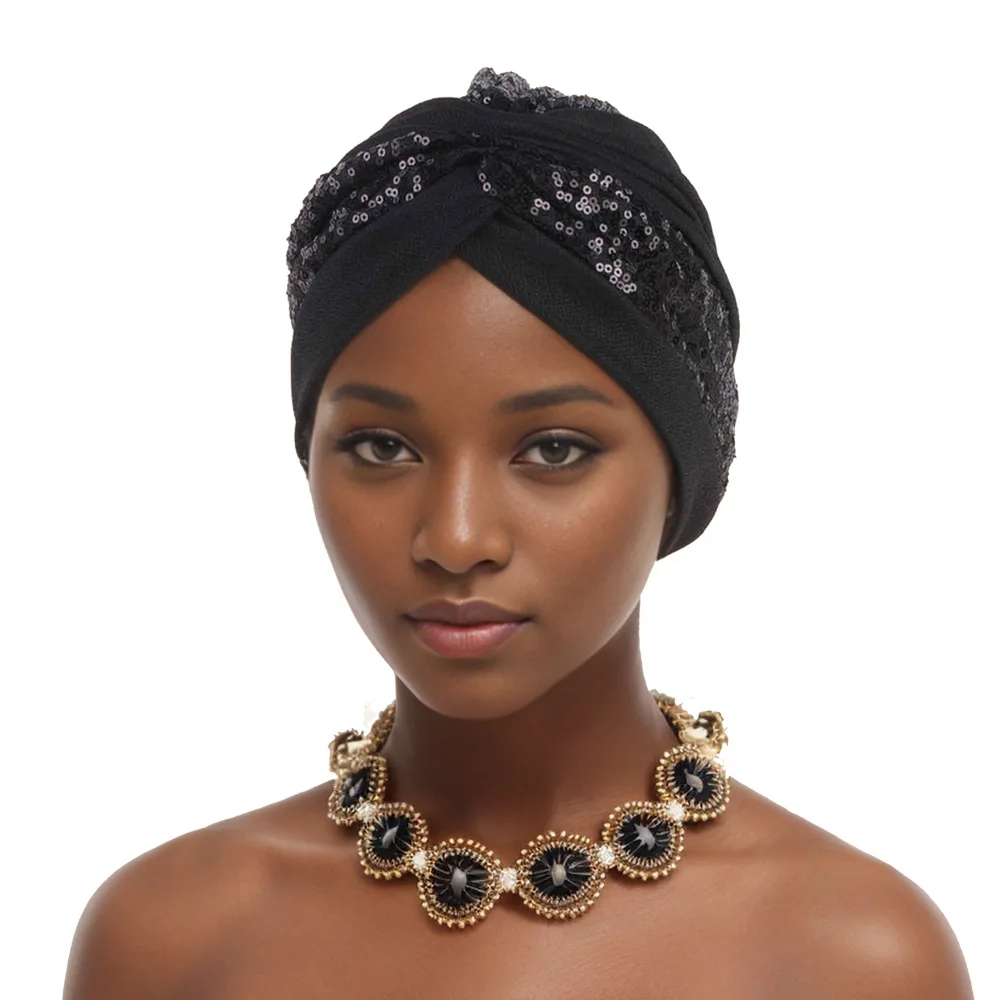 Glitter Sequins Ruffle Turban Cap Elegant Women Headscarf Bonnet Female Head Wraps Nigeria Wedding Party Headgear Headpiece