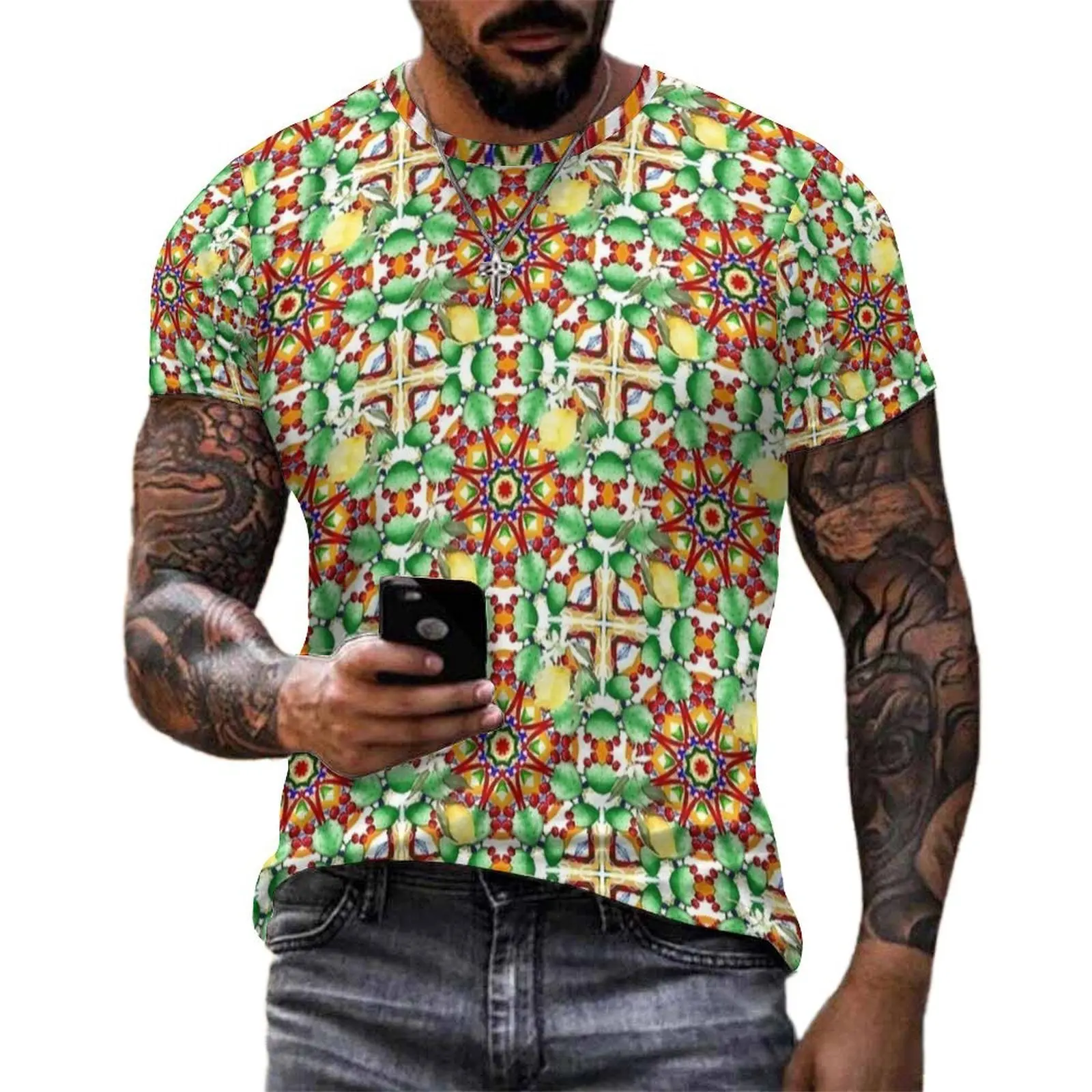 Retro Citrus Majolica Tile Print T-Shirt Vintage T-Shirts Men Streetwear Tee Shirt Summer Short-Sleeved Printed Tops Plus Size
