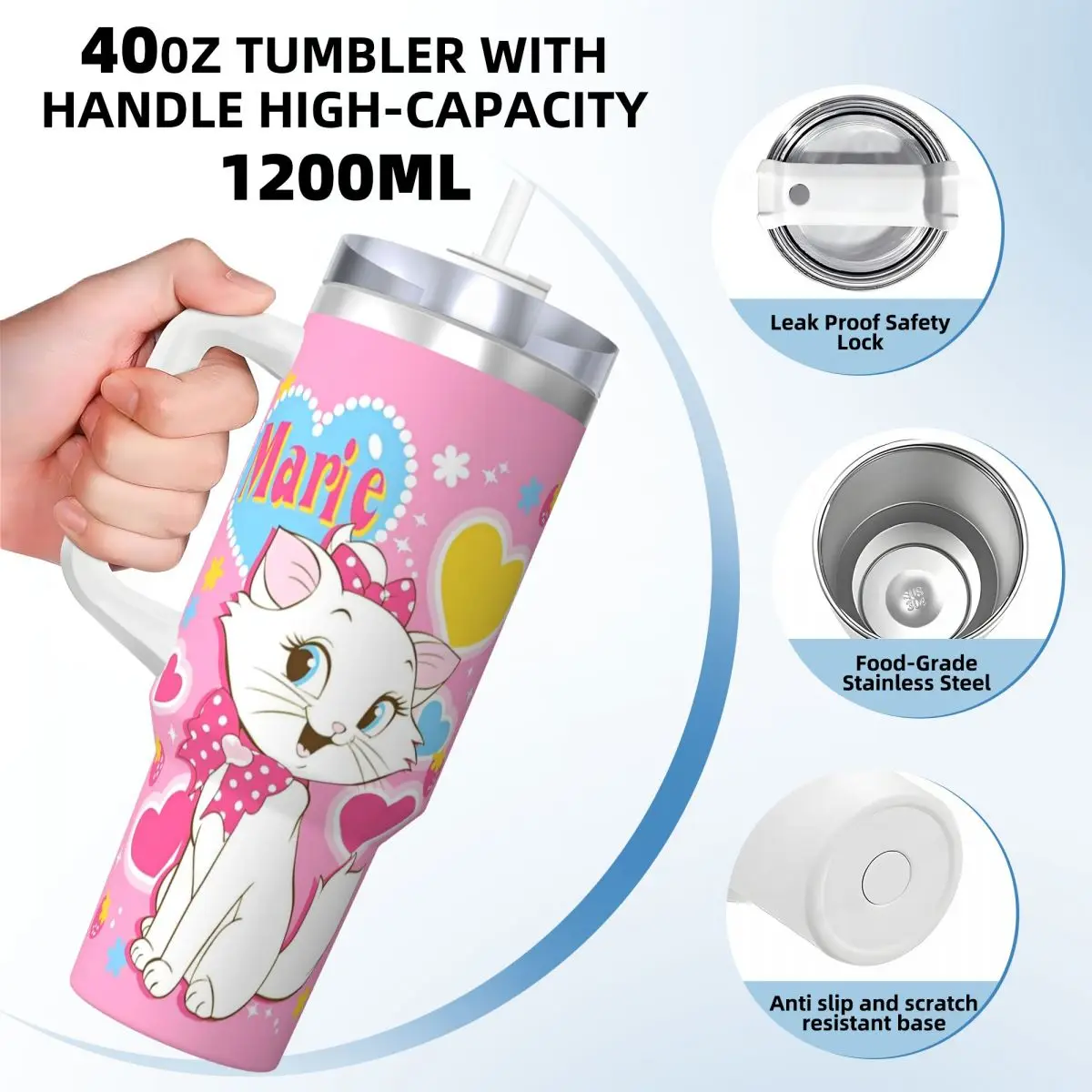 MINISO Marie Cat Cute Cartoon Stainless Steel Tumbler Travelist Mugs Cup Large Thermal Mug Leakproof Cold Milk Tea Water Bottle