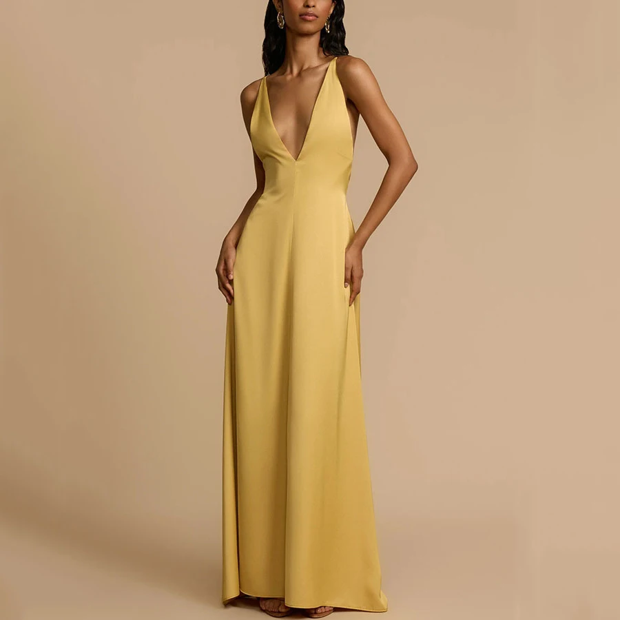 Mode soirée bal Maxi Robe été Satin dos nu longue Verstido élégant col en V profond femmes sans manches Robe de soirée Robe Sexy