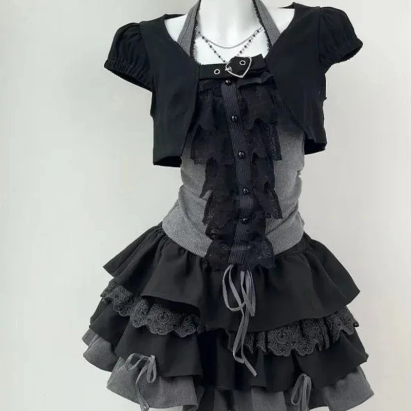

Dark Jk Mini Skirt 3 Piece Set: Halter Lace Patchwork Vest + Layered Preppy Style High Waisted Skirt + Sweet Cropp Cardigan Set