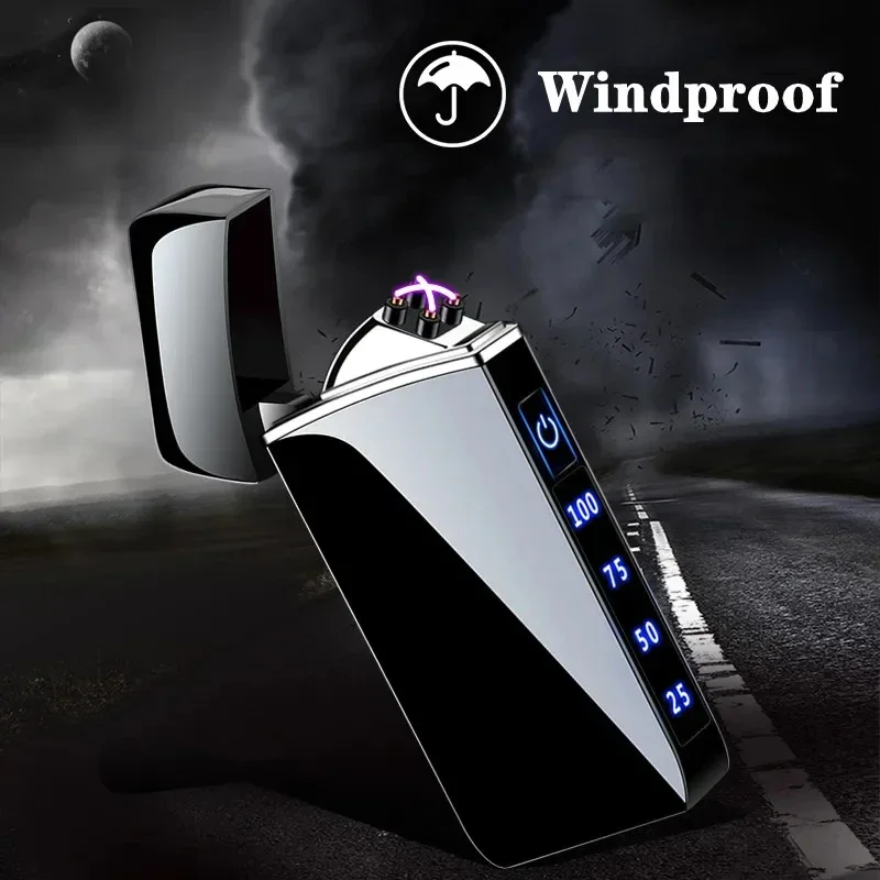 Outdoor Metal Electric Touch Sensing Lighter Windproof Dual Arc LED Display Flameless Plasma USB Rechargeable High Power Lighter