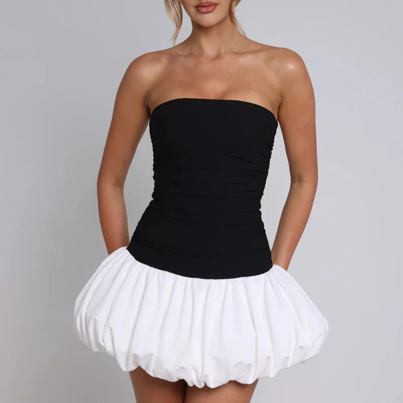 

Women's patchwork backless slimming flower bud dress lantern puffy skirt pure desire style summer small skirt