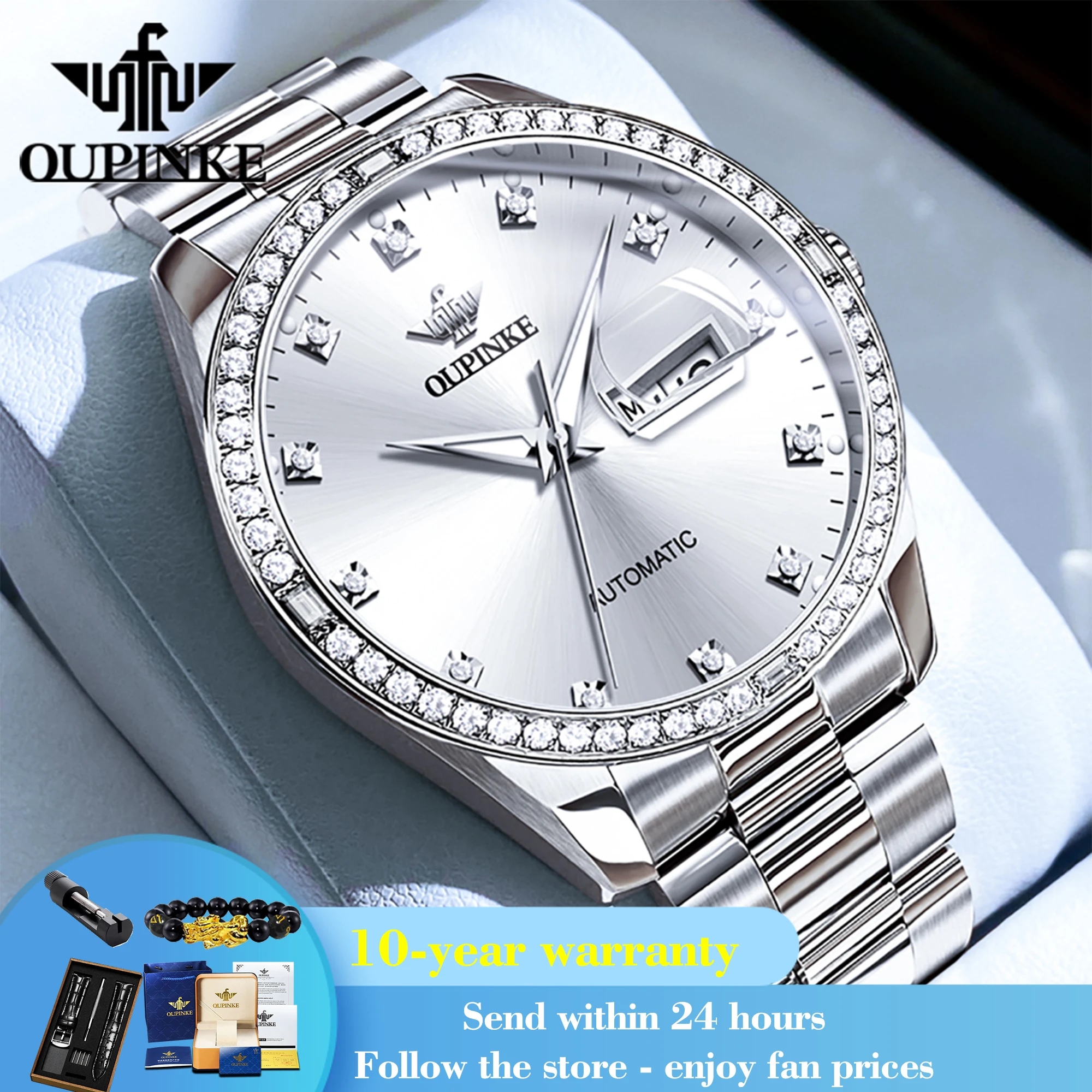 

OUPINKE 3261 фирменные оригинальные механические часы для мужчин календарь синтетическое сапфировое зеркало наручные часы алмазные водонепроницаемые часы