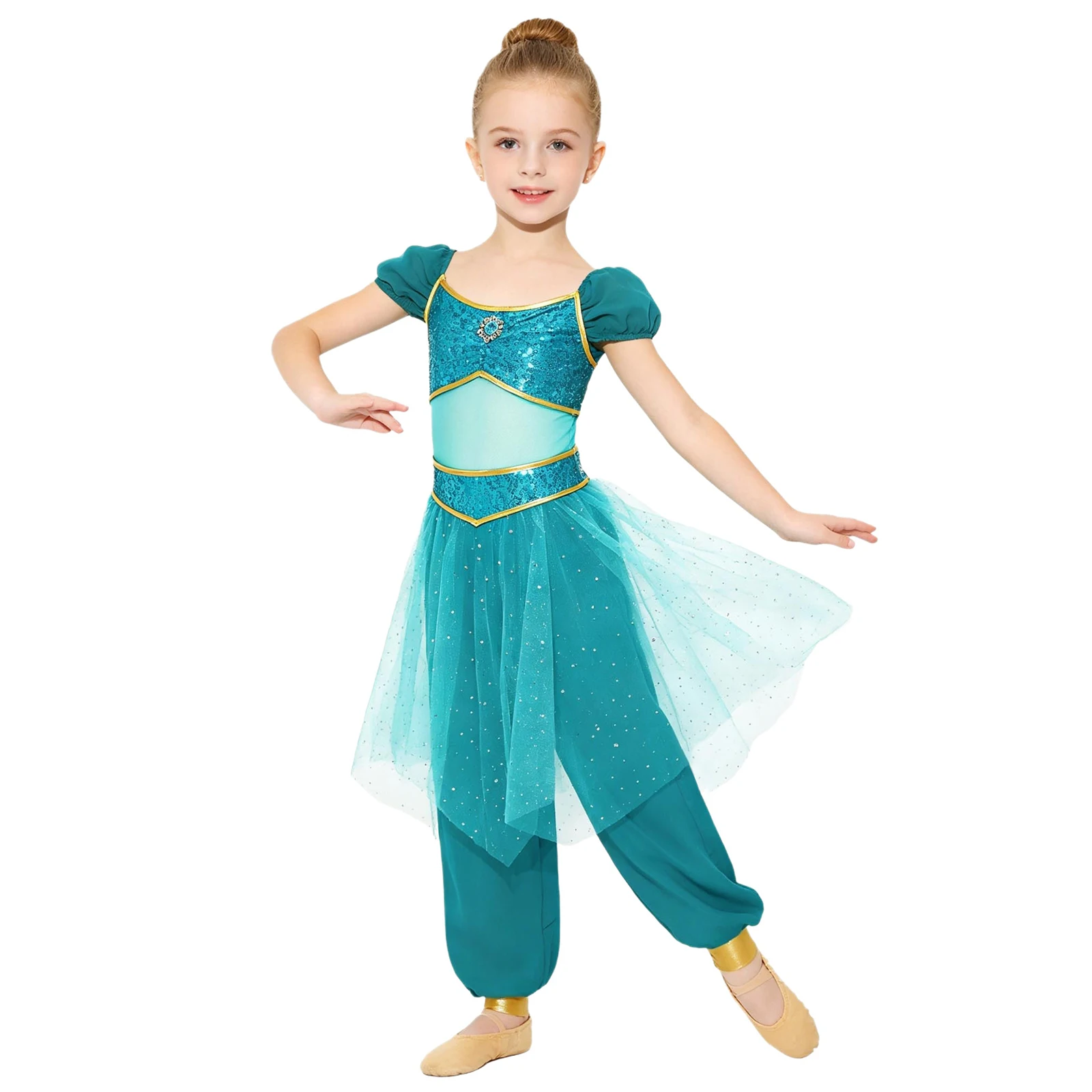 Children's Sequined Tulle Overlay Jumpsuit for Girls Arabian Princess Cosplay Costume Belly Dance Rompers for Halloween Outfit