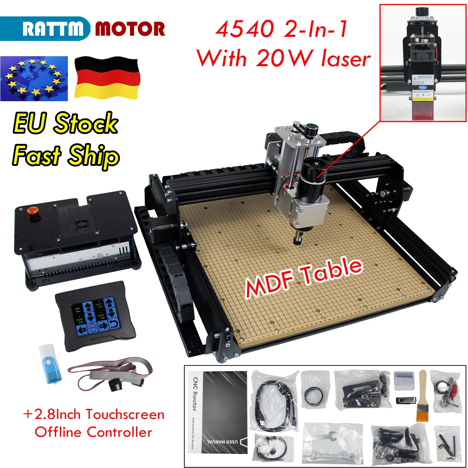 

【EU SHIP】CNC 500W Spindle Cutting Machine 4540 Plus MDF Table Worktop Metal Milling Engraving Machine 40w Wood Laser Engraver