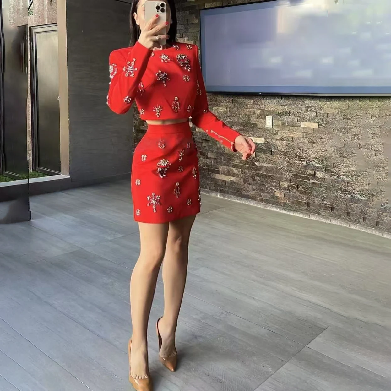 

Woman Rhinestones Embroidery Bandage Outfits Long Sleeve Crop Top And Mini Skirt Two Piece Sets High Street Evening Party