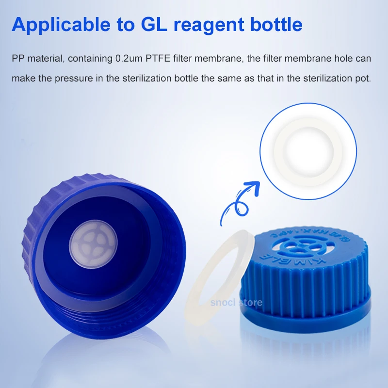 GL45/GL80 غطاء برغي تنفيس الغشاء الأزرق، غطاء بلاستيكي قابل للتنفس مع غشاء مرشح PTFE يستخدم لزجاجة خلية المختبر