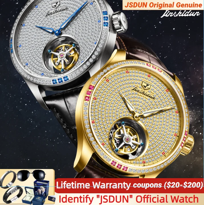 JSDUN Full Diamond Tourbillon Watch for Men Luxury Sapphire Mirror Waterproof Leather Strap TOP Wristwatch for Man Original NEW