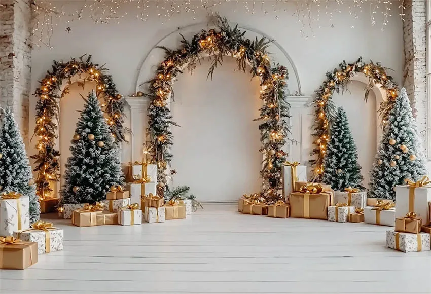 Фон Mehofond с изображением арки гирлянды кирпичной стены Рождественская фотография для детей портрет дерево подарочные коробки огни Декор Фон фотозона