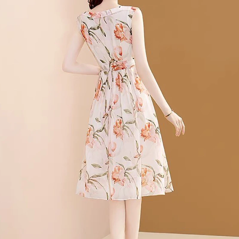 EVNISI Summer Women Pink Floral Printing Chiffon Dress O-Neck Sleeveless Office A-Line Dresses Lace Up Elegant Slim Vestidos