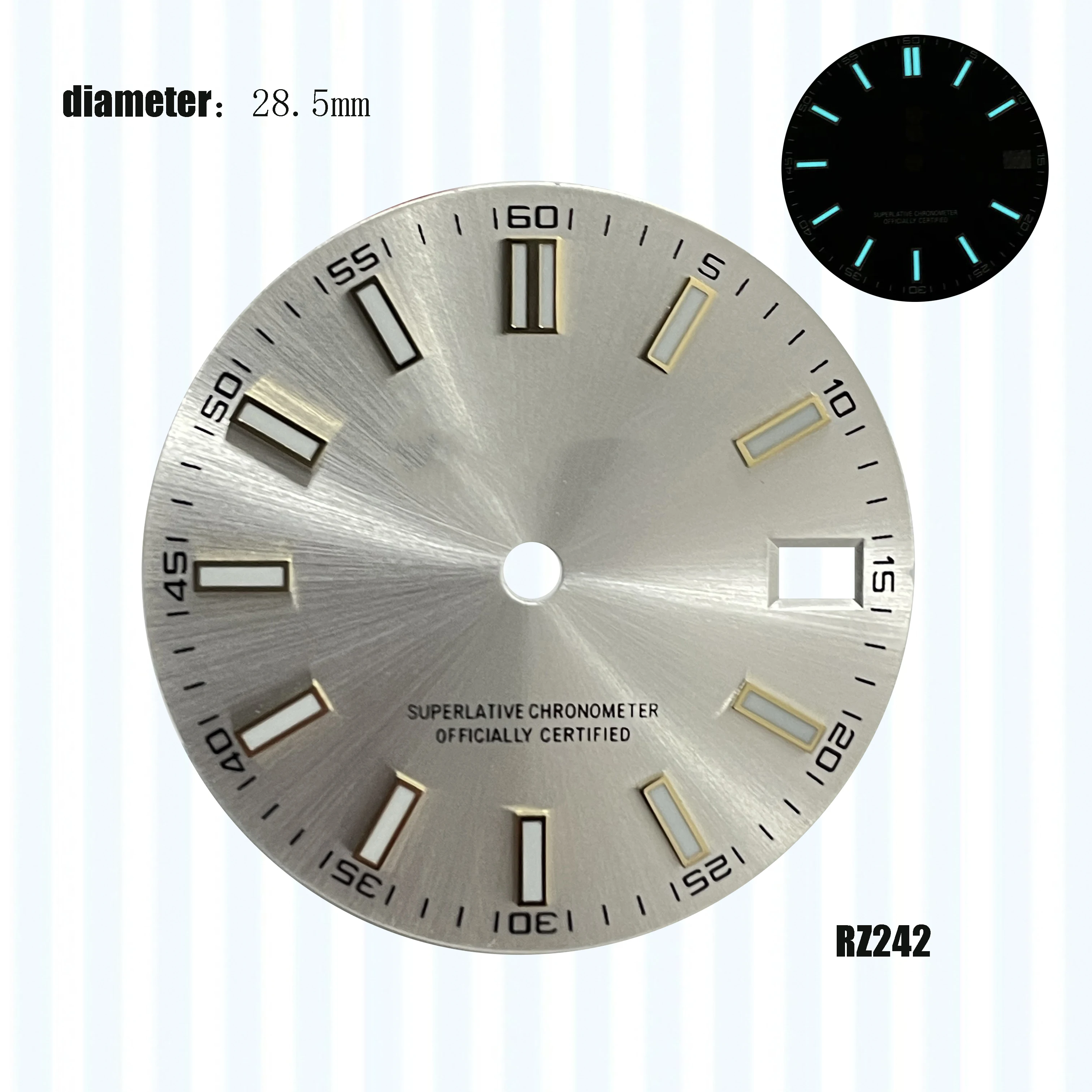 blu luminoso Vendite calde 28,5 mm Lucernario singolo data logo verde Quadrante nh35 36 Movimento automatico 29 mm Logo singolo quadrante blu