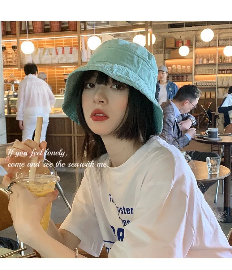 Summer Bucket Hat for Women Wide Brim Fisherman Cap Spring Sunshade Sun Hat Female Casual Solid Blue Sunhat Foldable