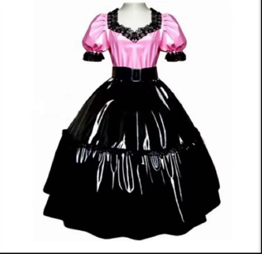 

Lace Inlaid Maid Role-playing Hot sexy Sissy Dress PVC Black Pink Sewn Square Neck Clothes Can Be Customized