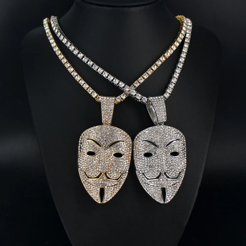 Men Women Hip Hop Large Rhinestone Mask Pendant Necklace With Twist Rope 4mm Tennis Chain HipHop Necklaces Fashion Jewelry Gift