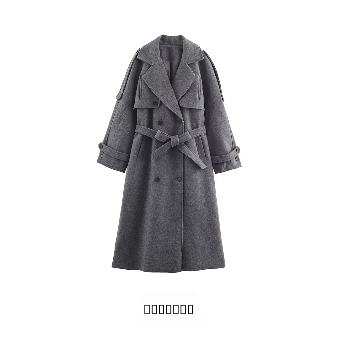 

KASLEAD New Women's Faionable Double-breasted Coat with Belt Loop Ele Simple Design Polyester Fiber Winter Outerwear