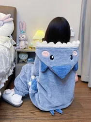 Shark Women's Pajamas Flannel Hooded Sleepwear Kawaii Pijama Female Set with Pants Cute Pyjamas Halloween Party Loungewear