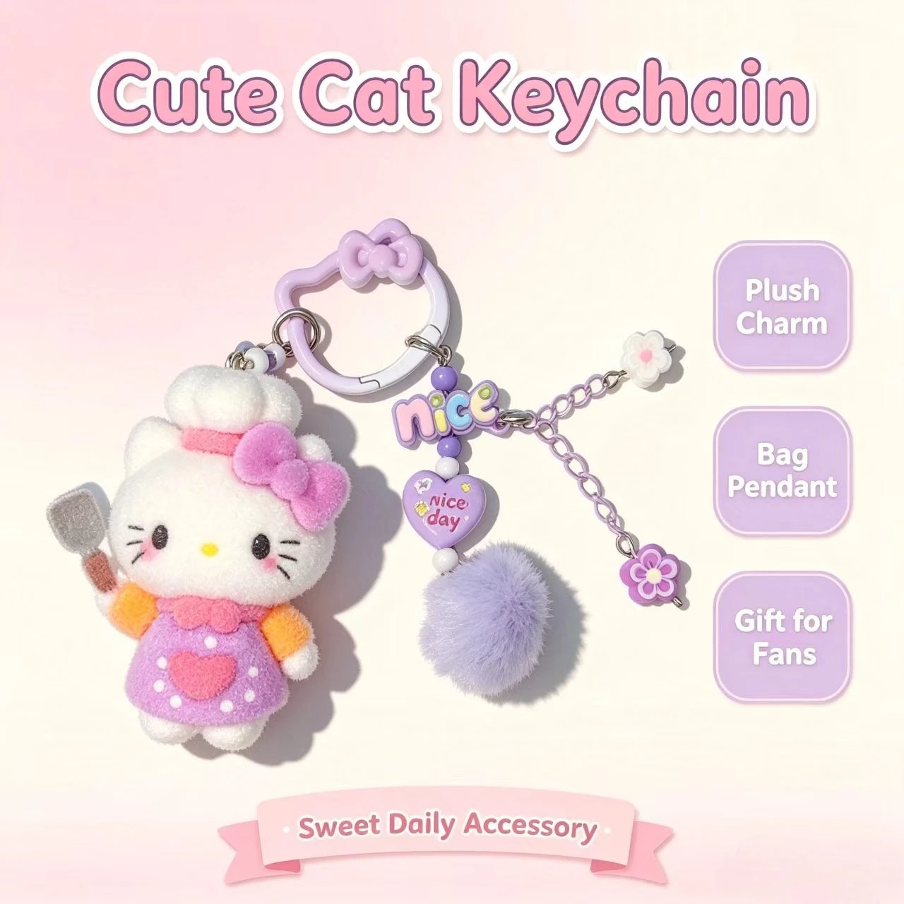 Fashion Flocked Cat Keychain Cute Chef Figurine Bag Accessory Pompom Pendant Women Fashion Key Ring Gift view 6