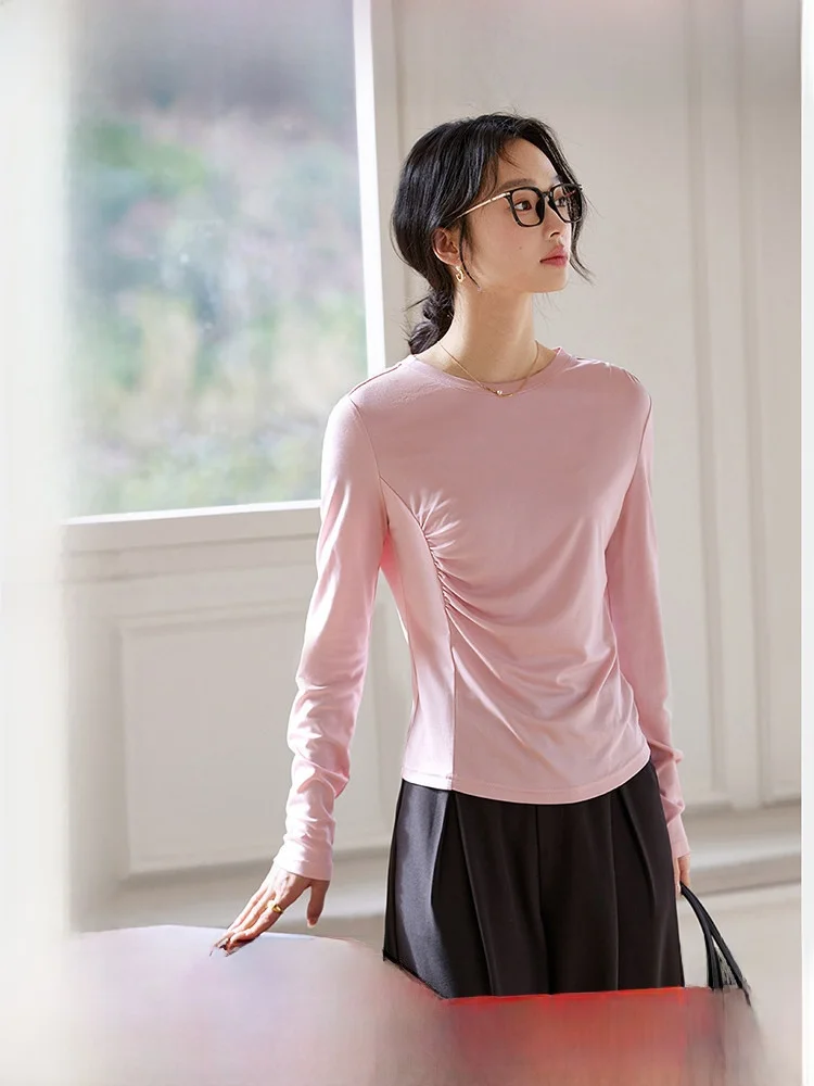 

Slim Fit Long Sleeve T-Shirt Women's round Neck Casual Style Ruffle Design Vimal Brand Lenzing Lyocell Fiber Spring Season