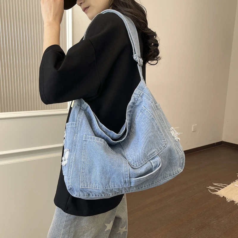 

Retro Washed Denim Tote Bags New Arrival Fashion Spliced Commuting Bag Large Capacity Casual Multi Wear Shoulder Crossbody Bag