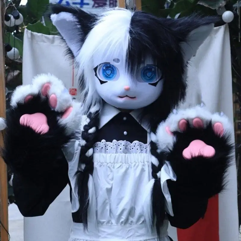 Máscara gatos pelúcia rosto inteiro com acessório roleplay detalhes realistas para fantasias e performances