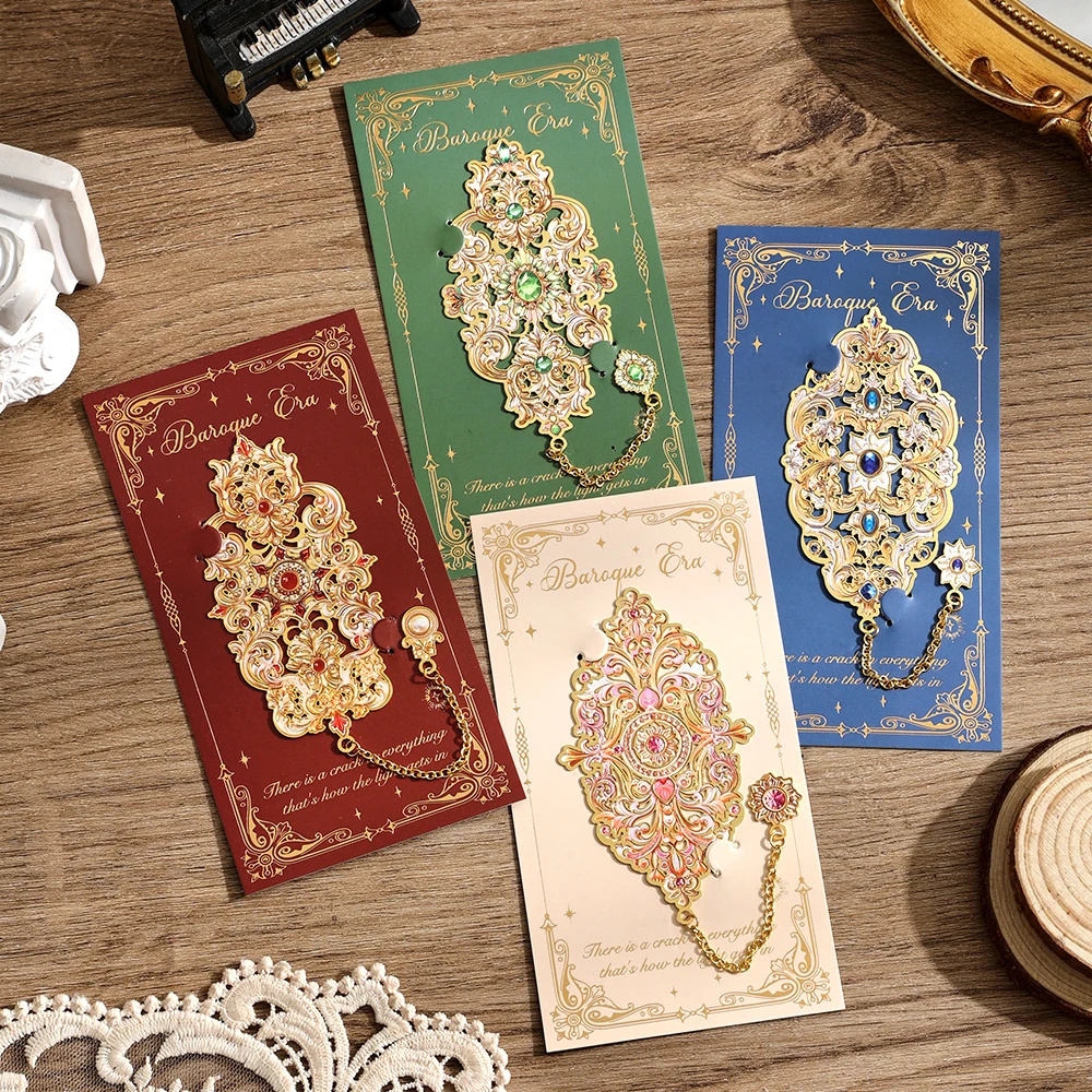1 Pack Vintage Baroque Metal Bookmarks Large Hollow-Out Gemstone Design with Ornate Chain Tassels, Elegant Reading Accessories
